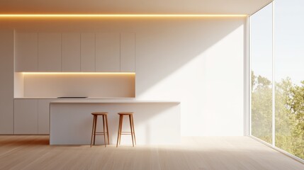 Aufkleber - Modern Smart Lighting in Minimalist Kitchen Warm-toned Wood and Sleek Surfaces for Sustainable Living Spaces - Enhancing Mood and Energy Efficiency