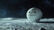 © ddaremmth - A surreal art toy shaped like a moon itself, with tiny legs and a smiling face, standing on the lunar surface under a vast starry sky.