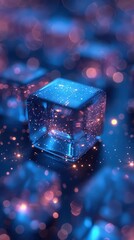 Wall Mural - luminous cube with pink and blue bokeh lights: an abstract futuristic image