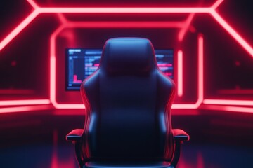 Aufkleber - Futuristic Neon Gaming Setup Sleek Synthetic Chair and Curved Monitor in Digital Esports Arena Enhancing Immersive AR Experiences for Gaming Enthusiasts