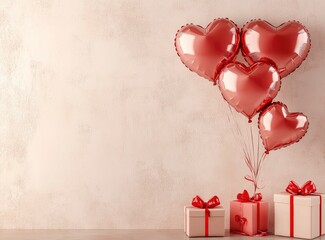 Wall Mural - Valentine's Day background with heart-shaped balloons and gift boxes on a table against a beige wall, with copy space for text.