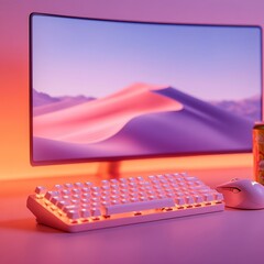 Aufkleber - Futuristic Gaming Aesthetic Curved LED Monitor with RGB Mechanical Keyboard and Accessories for Premium E-Sports Setup - Modern Virtual Competition and Youthful Engagement