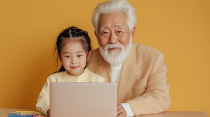 Aufkleber - Tech-Infused Family Learning Korean Grandfather and Granddaughter Set Up Laptop on Wooden Desk with Supplies - Intergenerational Digital Education for Modern Schooling