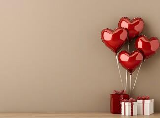 Wall Mural - Valentine's Day background with heart-shaped balloons and gift boxes on a table against a beige wall, with copy space for text.