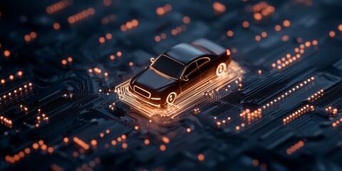 Leinwandbilder - Futuristic Tech Aesthetic Sleek Metal Car on Microchip Circuit Board - Innovative Automotive Technology Visualization for Smart Vehicle Marketing and Digital Design Strategies