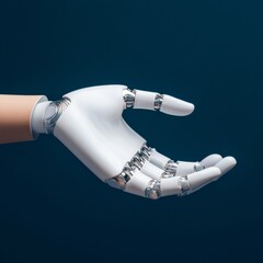 Poster - AI-Enhanced Biometric Interface Sleek Robotic Hand with Digital Fingerprint Sensor on Steel Blue Background - Cutting-Edge Cybersecurity and Identity Verification for Fintech