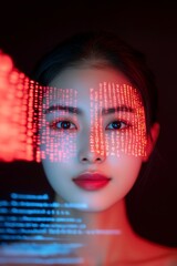 Leinwandbilder - Neon Cyber Aesthetic East Asian Woman in Dim Room with Binary Glow - Advanced Cybersecurity Content and Risk Management Visualization