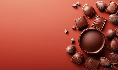 Wall Mural - Close up of a bowl of chocolate with a red background. The bowl is filled with various types of chocolate, including truffles and chocolate bars. Concept of indulgence and luxury