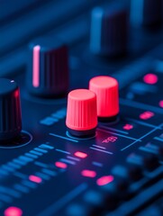Leinwandbilder - Futuristic Audio Engineering Console Neon-Lit Mixing Desk with Sliders and Knobs - Cutting-Edge Sound Production Tech for Professional Music Studios and Digital Content Creation