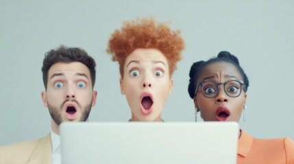Poster - Contemporary Office Shock Three Diverse Coworkers with Surprised Expressions Over Laptop in Modern Glass OfficeBusiness Innovation and Digital Collaboration Impact