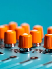 Poster - Vibrant Studio Tech Orange Knobs on Aqua Mixing Console for Music Production - Sleek Sound Engineering and Modern Digital Recording