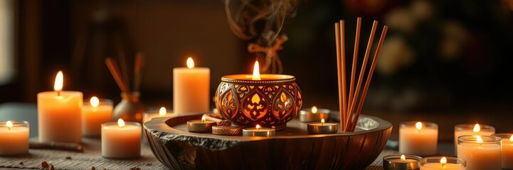 Wall Mural - Gond in a wooden stand surrounded by candles and incense sticks for ambiance, spiritual ritual, incense sticks