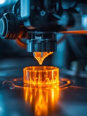 Poster - Moody Tech Display SLA Printer with Glowing Resin - Precision in Customized Manufacturing for Modern Prototyping and Digital Innovation in Tech Industries