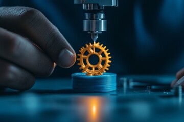Fototapete - Innovative Tech Hub Aesthetics Close-Up of Indian Man Adjusting Blue PLA Filament on FDM Printer for Gear Prototype - Startup Culture Boosts Design Efficiency and Tech Advancements