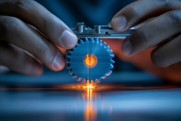 Fototapete - Innovative Printing Indian Man Adjusting Blue PLA Filament on FDM Printer for Gear Prototype - Maker Culture and Startup Solutions in Tech Design