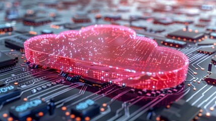 Canvas Print - luminous pink cloud symbol on circuit board: representing data storage and cloud computing