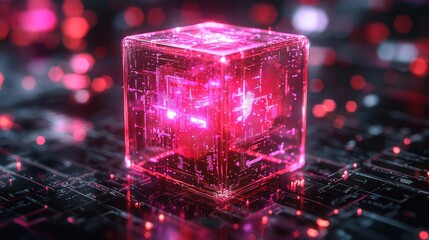 Wall Mural - luminous pink cube: a futuristic technological abstract