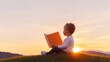 © Breezze - Dreamy Sunset Storytelling Childs Silhouette with Hardcover Book on Grassy Hill for International Read to Me Day - Autumn Tranquility and Book Markets Enhancement