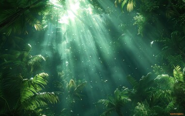 Poster - Lush Green Forest Bathed in Magical Sunlight, Dust Motes Dancing in the Air