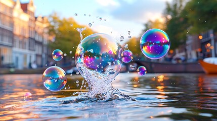 Wall Mural - Iridescent Bubbles Floating on a City Canal at Sunset