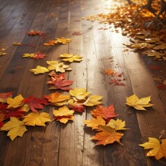 Wall Mural - Golden light filtering through the autumn leaves on a wooden floor, autumn, golden
