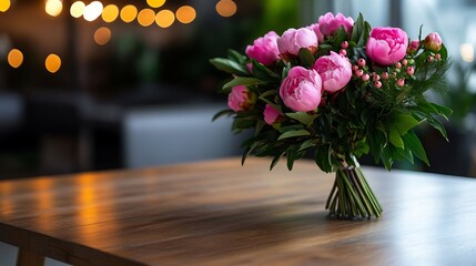 Wall Mural - Pink Peony Bouquet on Wooden Table