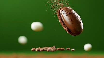 Wall Mural - Chocolate covered egg is falling from the sky, with a cloud of chocolate dust surrounding it. The scene is playful and whimsical, with the chocolate egg being the main focus of the image