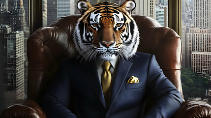 A tiger in a sharp navy suit with golden cufflinks, seated on a leather armchair with a cityscape view