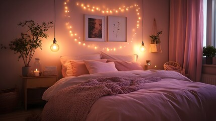 Canvas Print - A romantic bedroom with sheer curtains, soft pink accents, and a tufted upholstered headboard.