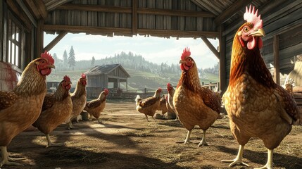 Hens in barn, rural farm sunrise, agriculture, livestock