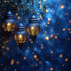 Wall Mural - Magical Night Scene with Illuminated Metal Lanterns Hanging from Tree Branch