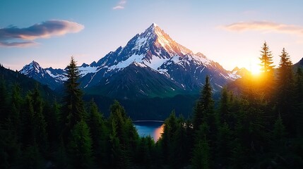 Canvas Print - Majestic Snow Capped Mountain Peak at Sunset