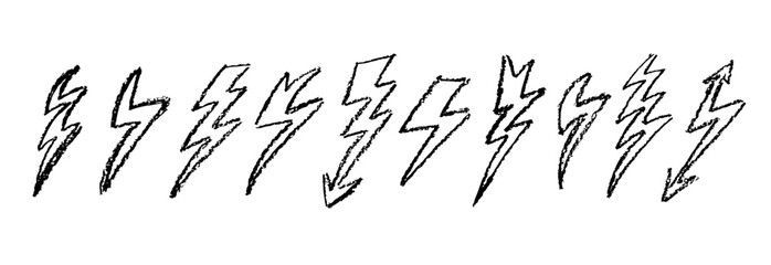 Wall Mural - set of lightning by wax pencil drawing. collection of handdrawing chalk , light flash signs, doodle 