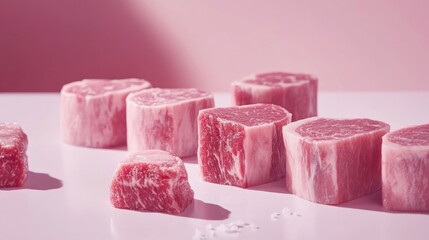 Pink Studio Raw Beef Steaks, Salt, Food Photography