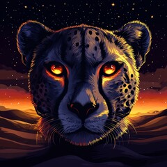 Wall Mural - A vector illustration of a cheetah's face with glowing black spots, set against a glowing desert background.