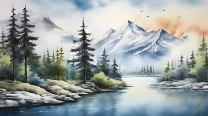 Poster - A stunning watercolor painting depicting a serene and picturesque mountain landscape in warm earthy tones  The artwork showcases a harmonious blend of rolling hills majestic peaks and lush