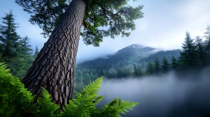 Canvas Print - Majestic Tree and Misty Mountain Landscape at Dawn