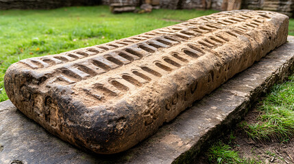 Ancient stone slab with carvings, outdoors, grassy background, historical site, educational use