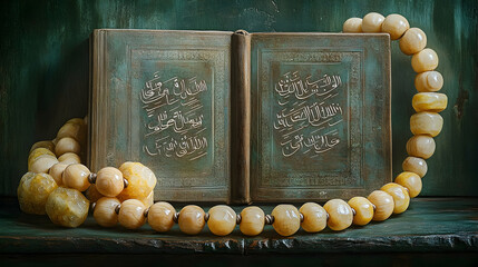 Antique book with Arabic script, prayer beads, dark background; religious, spiritual concept