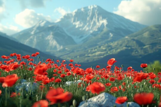 Red Poppies and Majestic Snow-Capped Mountains under a Clear Sky