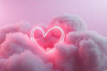 Canvas Print - A stunning neon heart in vibrant pink and red hovers softly above fluffy 3D clouds, set against a gradient background of pink to purple, creating a dreamy and romantic ambiance