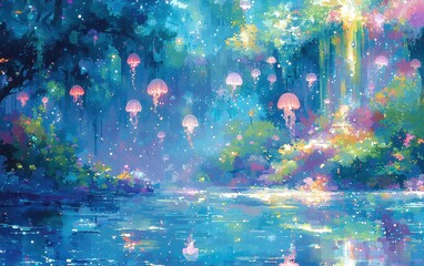 Wall Mural - A dynamic underwater world with glowing jellyfish in soft pastel colors of blue, pink, and green, softly illuminating the calm ocean water. Light reflections create a surreal and enchanting 