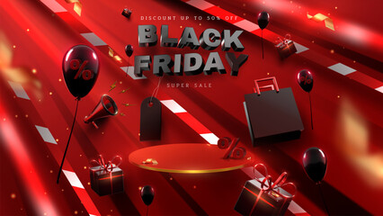 Wall Mural - Black Friday template with a blank gold stand decorated with realistic 3D elements such as balloons, ribbons, megaphones, gift boxes and %.
