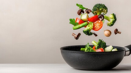 Wall Mural - A photostock of cooking ingredients like chopped vegetables and kitchen tools flying out of a frying pan, on a light beige background. High Quality