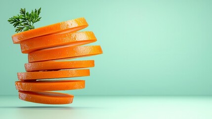 Wall Mural - A photostock of a bright orange carrot creatively sliced and floating on a light background, showcasing freshness and healthy eating. High Quality