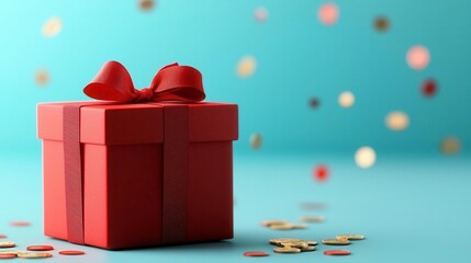 Wall Mural - A photostock of a cheerful red gift box tied with a ribbon, surrounded by floating coins and confetti, set on a clean background, ideal for festive designs. High Quality