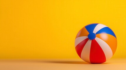 Wall Mural - A photostock of a colorful beach ball with bright stripes, placed on a light pastel background, radiating a cheerful summer vibe. High Quality