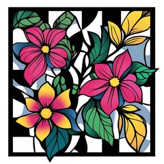 Wall Mural - Vibrant floral design with colorful flowers and leaves on a contrasting background
