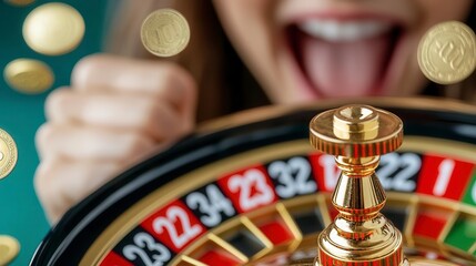 Poster - A photostock of a roulette wheel with colorful sections surrounded by coins and confetti, placed on a clean background, symbolizing games of luck and entertainment. High Quality