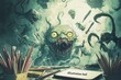 © novian - A monstrous creature paints amidst nightmarish art supplies